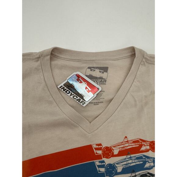 IndyCar T Shirt Womens Stripe Car V Neck Heathered Dust Beige Size Large New - Picture 2 of 6